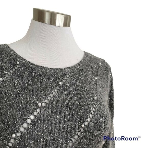 Vintage 80s Silk Angora Sweater Gray Tweed Open Knit Pearl Beaded Puff Sleeve - Picture 5 of 9